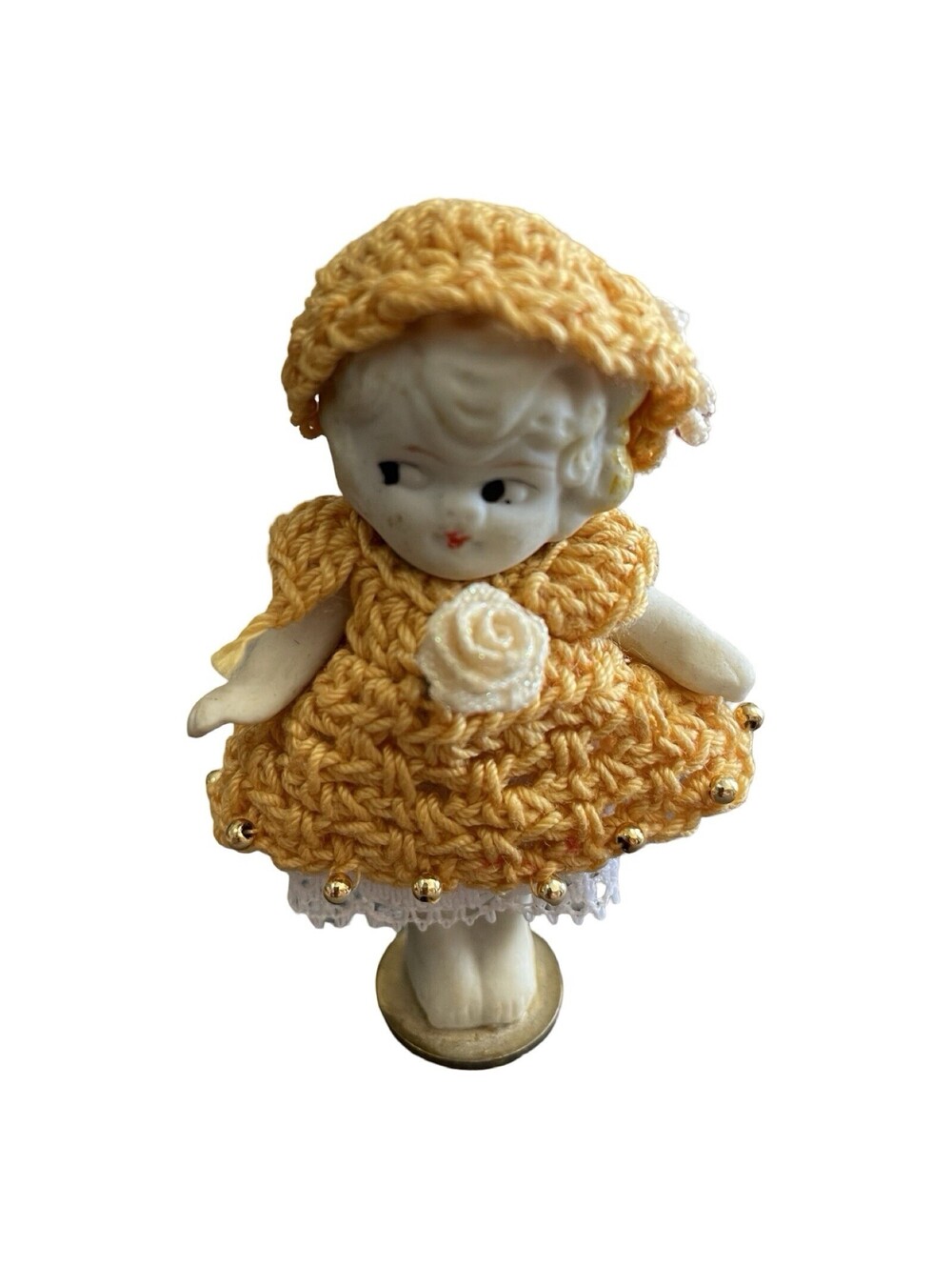 Kewpie Bisque Girl Doll Japan Flapper Side Eye Jointed Yellow Crochet Dress